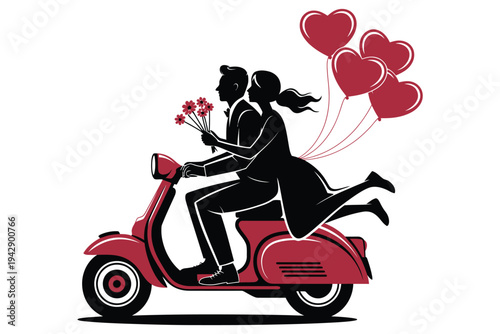 Valentine day couple silhouette riding vintage scooter with heart balloons and flower bouquet romantic date concept vector illustration art