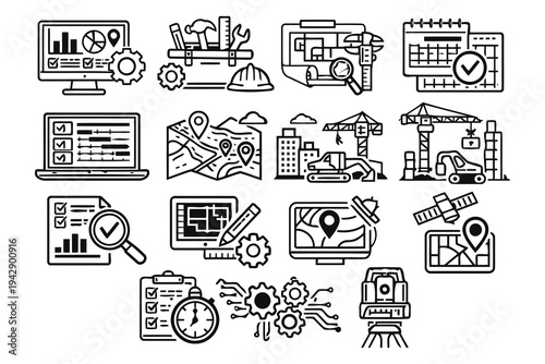 Collection of icons representing various engineering and construction management tools