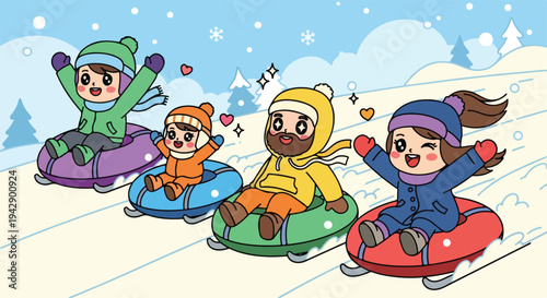 Four diverse children snow tubing down a snowy hill on colorful inflatable tubes in a fun winter scene.