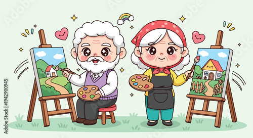 Cartoon illustration of an elderly man and a young girl painting on easels with colorful artwork and smiling at each other in a whimsical setting.
