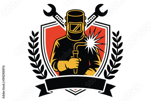 Welder working with sparks and tools forming a shield emblem with laurel wreath and ribbon for professional logo design