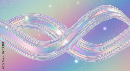 Abstract holographic liquid ribbons with sparkling iridescent swirls on pastel gradient background