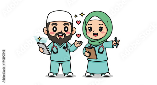 A cartoon illustration of a male and female doctor standing side by side with stethoscopes, smiling and gesturing in a white background with a playful and friendly mood.