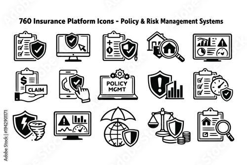 Collection of icons depicting insurance policy and risk management systems