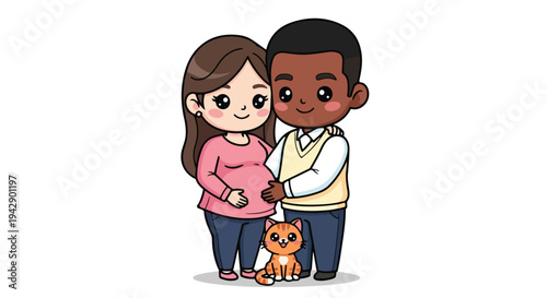Illustration of a pregnant woman and a man standing together with a small orange dog on a plain white background.