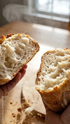 Hands hold freshly baked sourdough bread with golden crust and airy interior