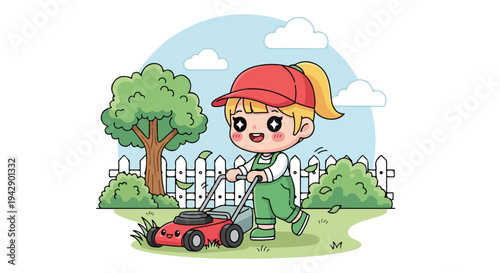 A cheerful young girl with blonde hair mowing a lawn with a red lawnmower in a backyard with a white fence and tree under a blue sky.