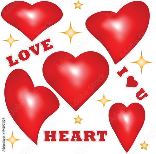 Set of glossy red heart stickers with love text. Romantic symbols. Perfect for Valentine’s Day design, greeting cards, stickers, decorations, love messages, wedding invitations and romantic concepts.