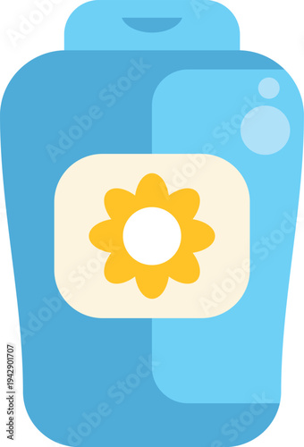 Blue bottle of generic lotion with a flower icon for sunscreen and cosmetic use