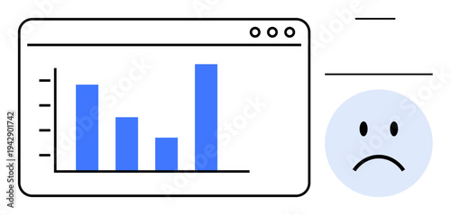 Analytics concept. Analytics ed by a bar chart alongside a sad face poor results or negative data trends. Analytics insights, data performance, business reviews, negative feedback, decision-making