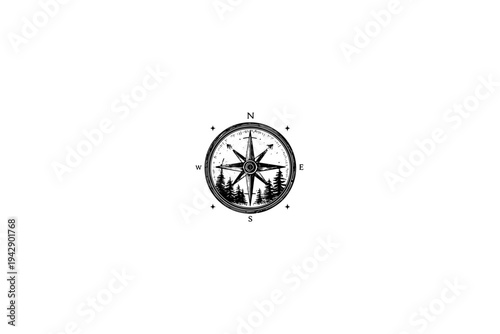 Vintage Camping compass Illustration, Rustic Outdoor Heritage Vector, Hand Drawn Engraving Style, Retro Americana Aesthetic, Black and White Linocut Graphic for Branding and Apparel Design