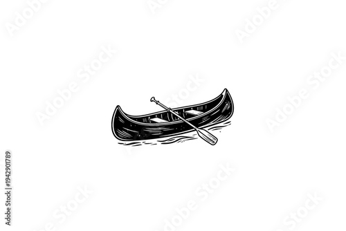 canoe with paddle Vintage Camping Gear Illustration, Rustic Outdoor Heritage Vector,Engraving Style, Retro Americana Aesthetic, Black and White Linocut Graphic for Branding and Apparel Design