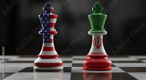 Chess kings painted with the USA and Iran flags face off, symbolizing the complex geopolitical tensions and strategic maneuvering between the two nations.