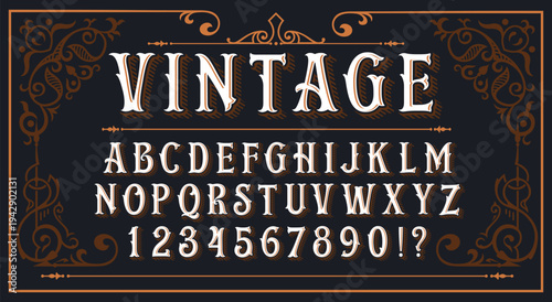 Vintage Ornate Font - Victorian Western Alphabet with Decorative Border on Dark Background