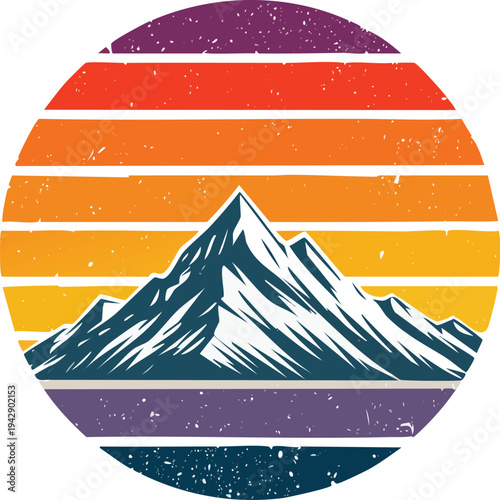 Retro Mountain Landscape with Vintage Sunset Stripes Distressed Vector Illustration