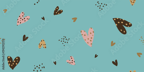Boho Style Seamless Heart Pattern on Teal Background with Abstract Polka Dot Accents