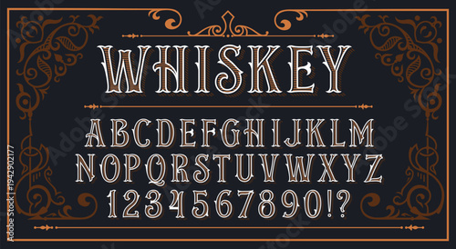 Whiskey Vintage Font - Western Ornate Alphabet with Decorative Border on Dark Background
