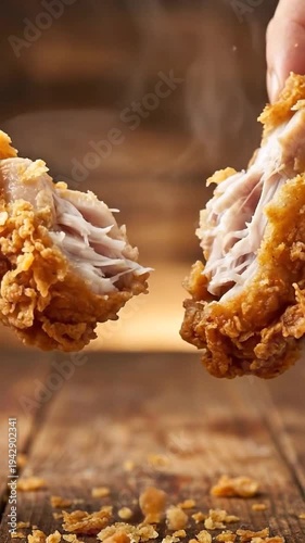 Hand pulls apart crispy fried chicken revealing juicy meat inside