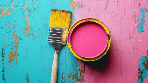 Wallpaper Mural Bright pink paint can and brush on rustic turquoise wooden surface with peeling paint, creating vibrant and artistic contrast Torontodigital.ca