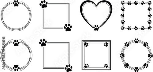 Animal paw print frames set with heart circle and square borders for pet lovers cad drawing flat vector illustration black.