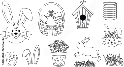 Easter line art icons set with bunny rabbit basket eggs birdhouse and spring flowers cad drawing flat vector illustration black.