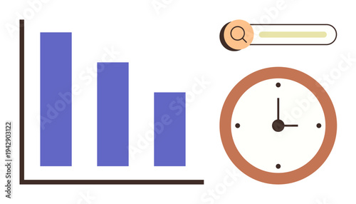 Data analysis, productivity, time management, digital tools, workflow efficiency, market research. Bar chart, clock and search bar visualizing analytics. Data analysis and time management theme