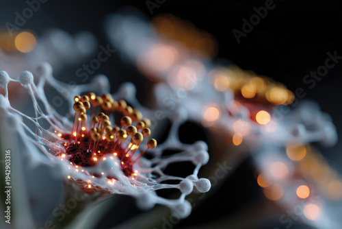 This captivating image showcases a detailed floral structure illuminated by warm glows, blending nature and technology in a mesmerizing visual dance.