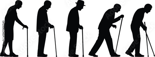 Elderly man walking with cane silhouettes showing aging progression and mobility decline, senior citizen posture change and healthcare aging concept illustration
