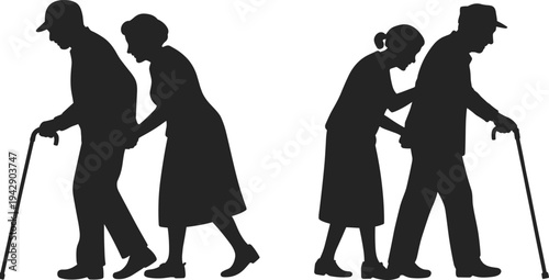 Elderly couple walking with cane silhouettes showing senior man supported by woman, aging mobility assistance, love, care, and companionship in old age concept