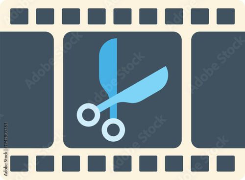 Film strip showing scissors cutting, symbolizing video editing or post production