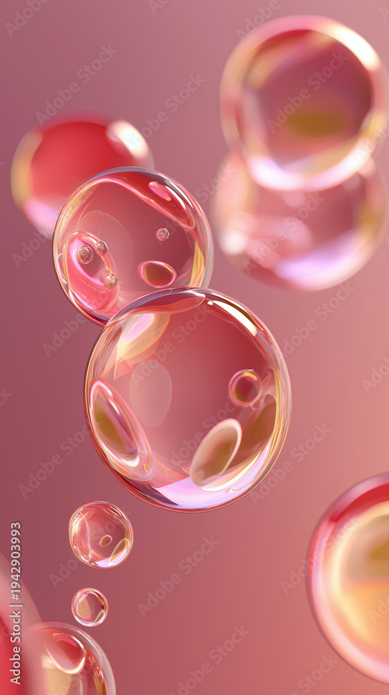Fototapeta premium Colorful bubbles floating on a soft pink background 