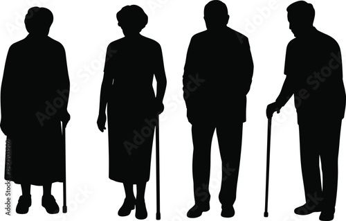 Elderly men and women silhouettes standing with walking canes, senior citizens mobility support, aging population, healthcare, retirement and old age concept illustration