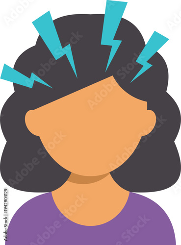 Woman feeling intense head pain indicated by lightning bolt symbols