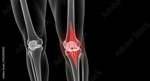 Medical illustration of a human knee joint with inflammation shown in red beside a normal knee
