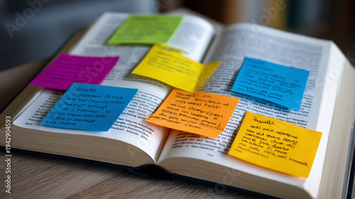 Close-up of colorful sticky notes and annotations covering pages of a research book, representing academic study and intellectual engagement