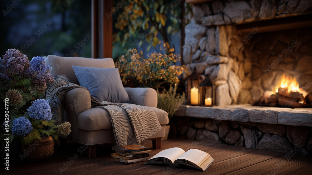 Fototapeta premium A warm evening reading scene beside a fireplace where an open book lies on a comfortable armchair