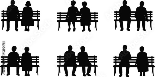 Senior couples sitting on park bench silhouettes set, elderly people relaxing together outdoors, retirement lifestyle, companionship, friendship and peaceful old age concept illustration
