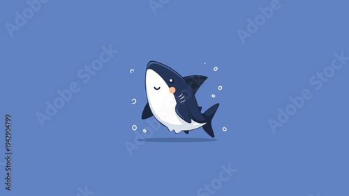 Adorable Cartoon Shark Icon Smiling Playfully Underwater with Gentle Bubbles on a Clear Blue Background, Cute Marine Illustration