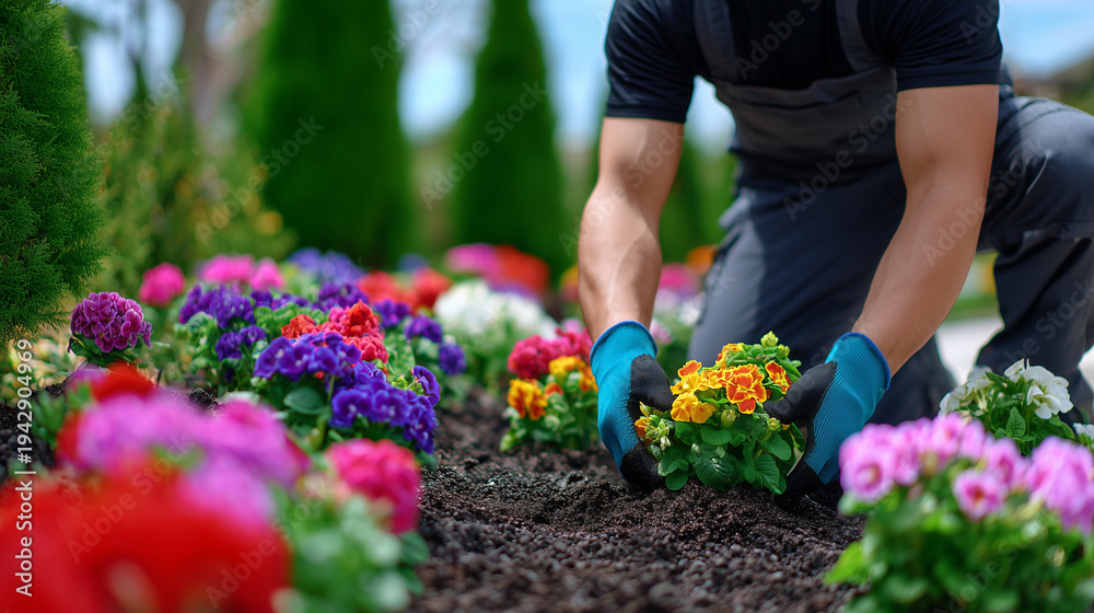 Fototapeta premium Close-up of a gardener planting colorful flowers in a garden bed, soil texture and bright petals illuminated by sunlight