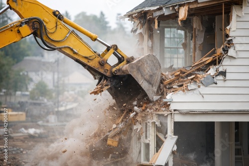 Excavator demolishing residential house building during construction site demolition process