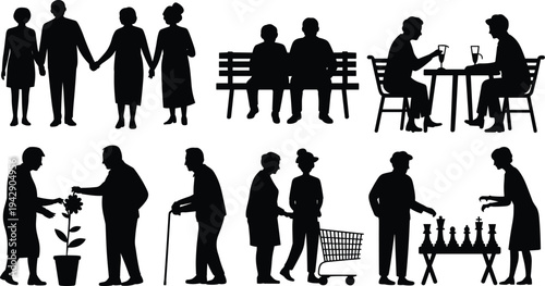 Senior lifestyle silhouettes set showing elderly couples walking, sitting on bench, drinking coffee, shopping, gardening and playing chess, retirement leisure and aging concept