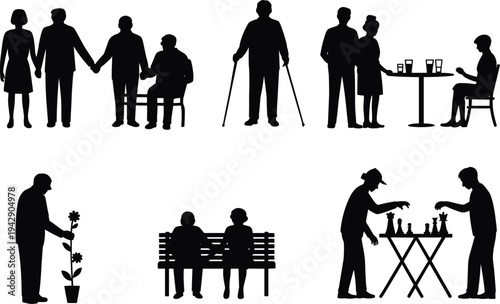 Senior lifestyle silhouettes collection showing elderly couples, social activities, coffee meeting, chess playing, gardening and walking with cane, retirement leisure and aging life concept