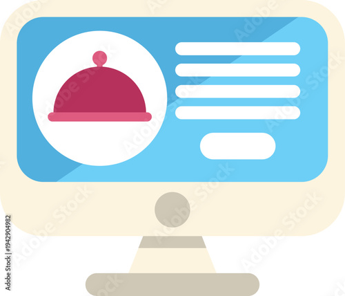 Flat design illustration of a desktop computer displaying an online restaurant or food service interface