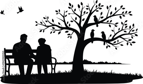 Silhouette of elderly couple sitting on park bench under tree with birds, peaceful retirement life, love, companionship, nature relaxation concept illustration