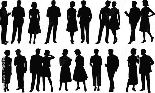 Silhouetted Retro People Socializing and Talking in Groups and Pairs Isolated on White Background for Professional Business Networking or Casual Vintage Party Event Concept