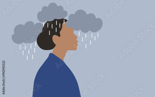 Illustration of a woman surrounded by raining clouds. Depression, burnout, mental health problems concept. Website, presentation, article. 