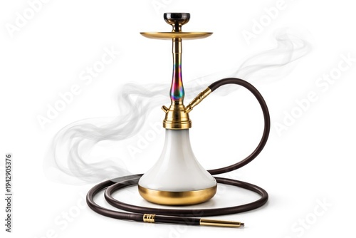 Elegant golden hookah with smoke isolated on white background luxury shisha smoking device