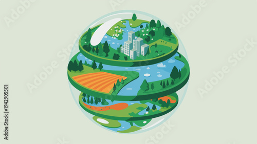 Sustainable earth concept with layered green landscapes and cityscape in eco friendly illustration style