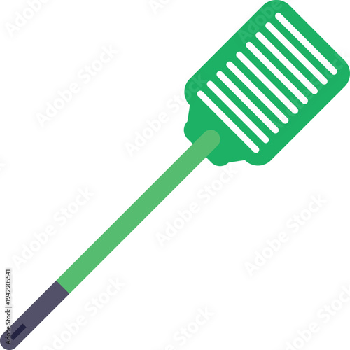 Simple green fly swatter with a long handle and slotted paddle, isolated on white