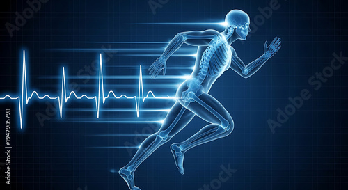 A person runs swiftly on a track with a blue ECG line behind them.